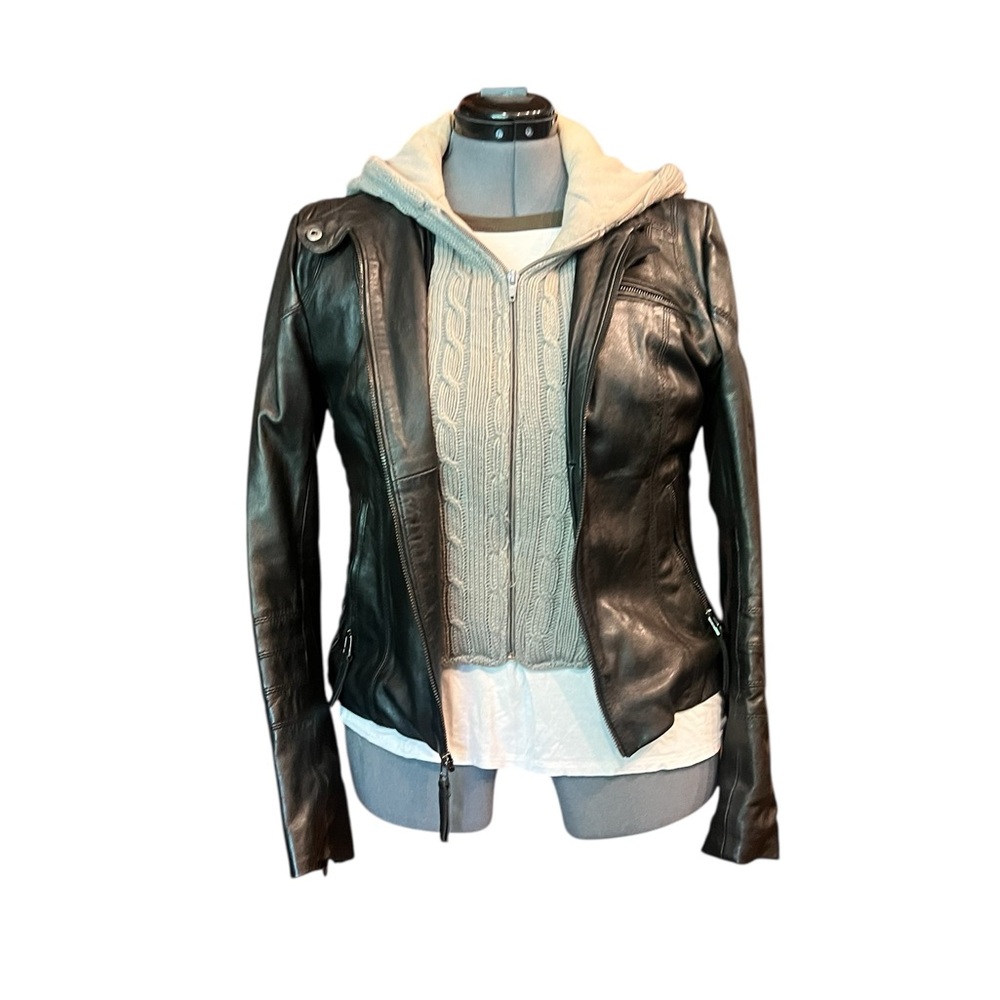 Black Rivet Black Leather Motorcycle Jacket with Cable Knit Enclosure